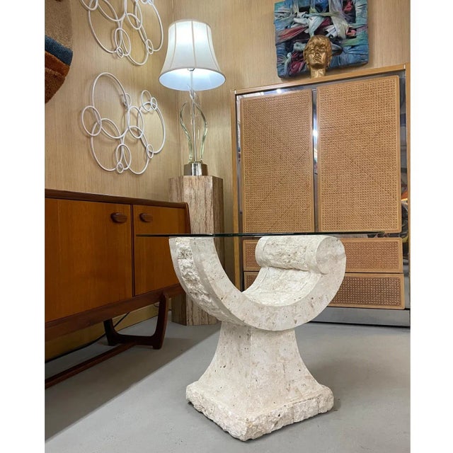 1980s Curved Tessellated Stone Base End Table With Glass For Sale - Image 5 of 11