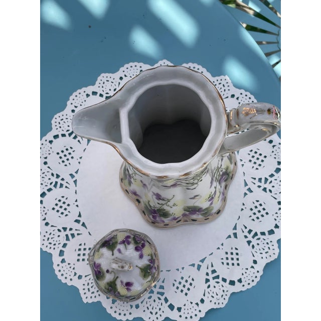 Antique Nippon Porcelain Hand Painted Chocolate Pot, Floral Moriage For Sale - Image 4 of 11