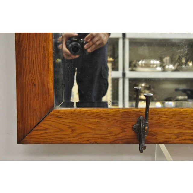 Antique Arts & Crafts Mission Oak Wood Beveled Glass Hall Mirror Iron Coat Hooks For Sale In Philadelphia - Image 6 of 12