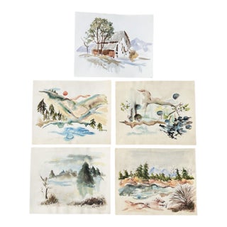 Set of 5 Vintage Watercolor Landscape Paintings For Sale