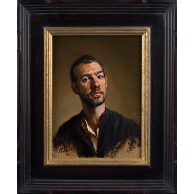 This oil on panel self-portrait captures a contemplative moment, revealing the artist's introspective gaze and subtle...
