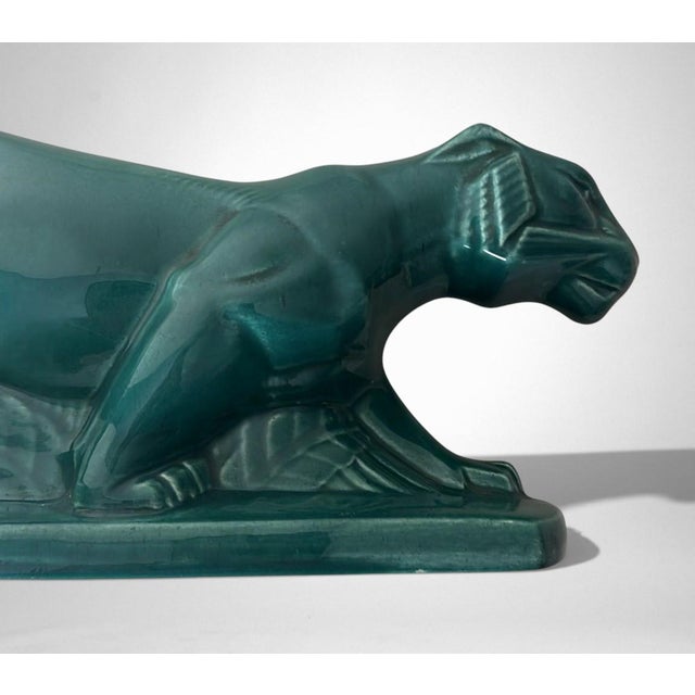 Mid 20th Century Art Deco Saint-Clément Style Panther France Green-Glazed Ceramic For Sale - Image 9 of 18