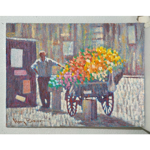 Flower Seller Textured Oil on Canvas Hand signed lower right Image: H 30 x W 40 inches Beautiful muted pastel tone colors...