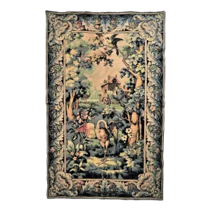 6' Early 20th Century French Tapestry Aubusson Verdere With Birds & a Frog