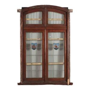 A Four Panel Mahogany Window Set in Frame With Leaded Glass Having Ship Motif.