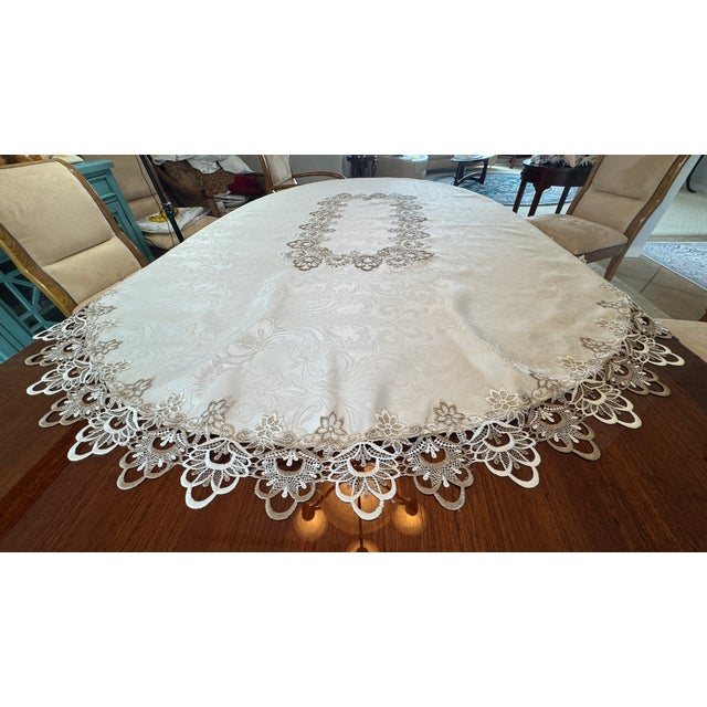 Vintage LinenTablecloth, Embroidered Applique Lace, Cream and Taupe. On Ivory 18" X 55.5" Pristine For Sale - Image 4 of 17