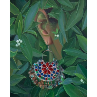 Nature's Jewel by Pegah Samaie | Oil on copper Painting of a womans ear adorned with jewelry among leaves. For Sale