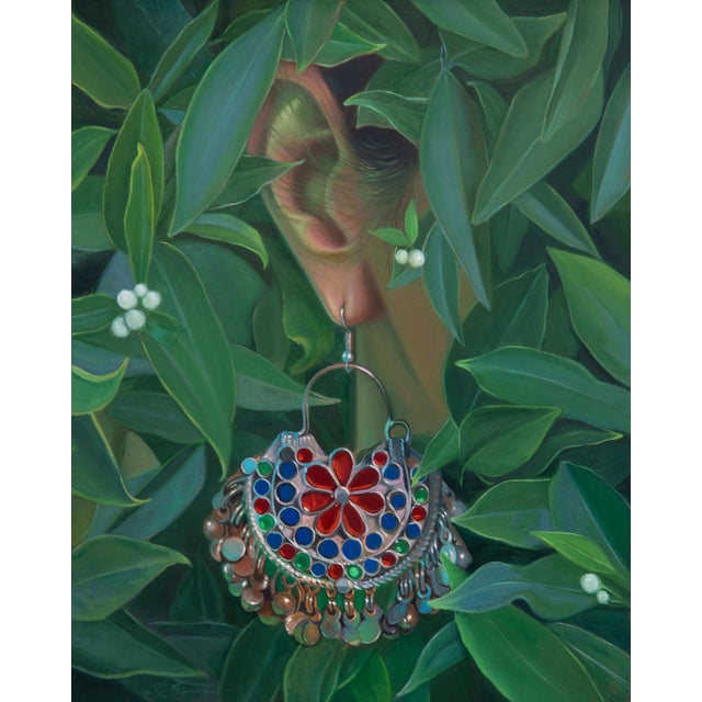 Nature's Jewel by Pegah Samaie | Oil on copper Painting of a womans ear adorned with jewelry among leaves. For Sale