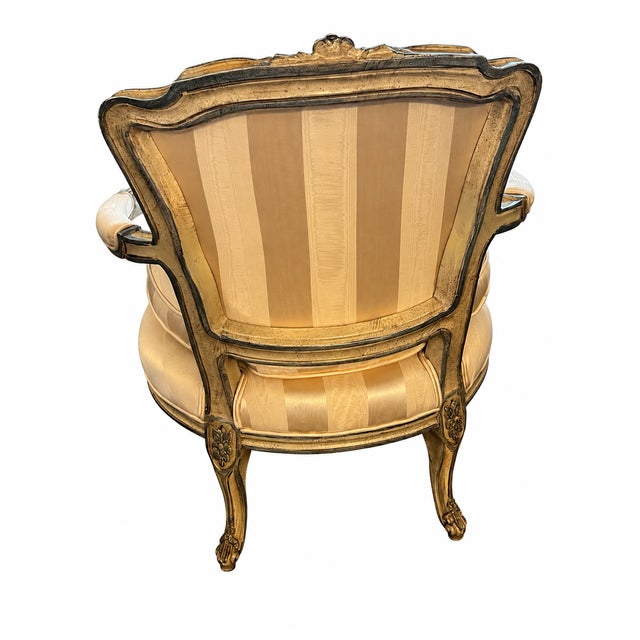 Louis XV–Style Gold Tufted Armchair With Coordinating Damask Fringed Footstool For Sale - Image 12 of 13