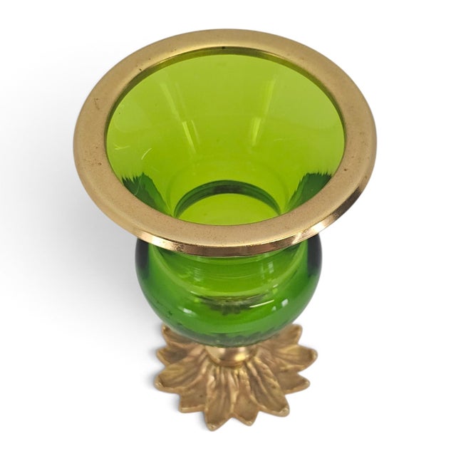 Late 20th Century Lime Green Art Glass Vase With Gilded Floral Pedestal, Neoclassical Revival For Sale - Image 5 of 8