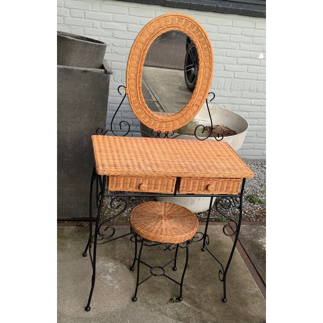 Rattan and Wrought Iron Vanity Table with Mirror and Bench, 1960s, Set of 2 For Sale - Image 12 of 18