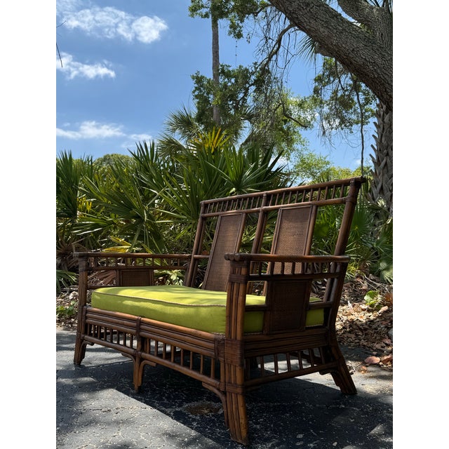 Traditional Vintage Bamboo Settee With Custom Lime Green Cushion & Pink Piping – Palm Beach Regency Style For Sale - Image 3 of 5