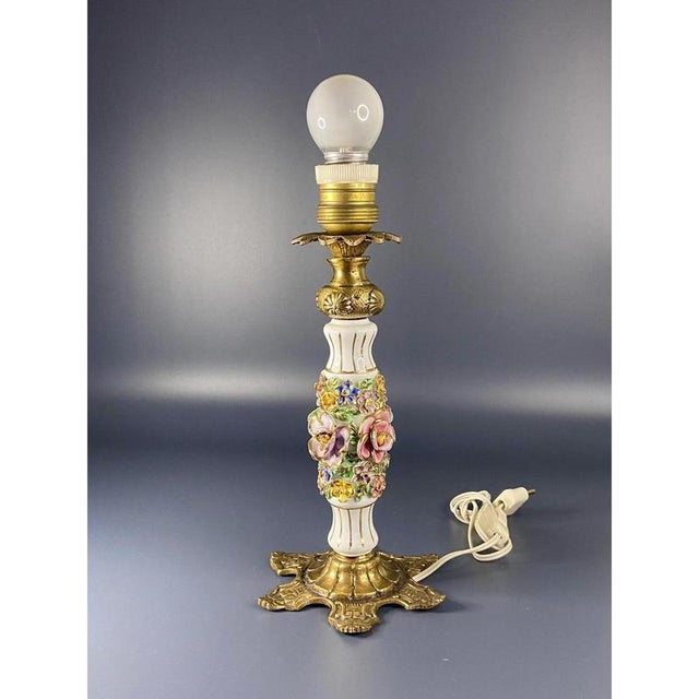 Metal Vintage Italian Brass and Porcelain Table Lamp with Hand-Painted Flowers from Capodimonte For Sale - Image 7 of 11
