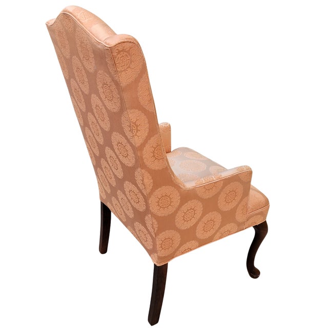 Slender Queen Anne Wing Chair in Peach Silk Damask With Chinoiserie Medallions For Sale - Image 4 of 6
