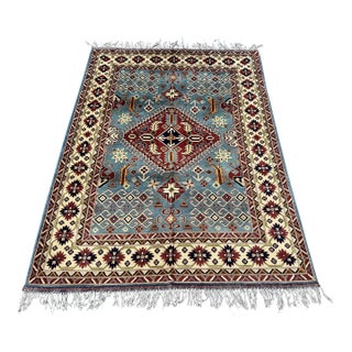 Hand-Knotted Blue and Red Afghan Medallion Wool Area Rug, 6'9" X 5'0 For Sale
