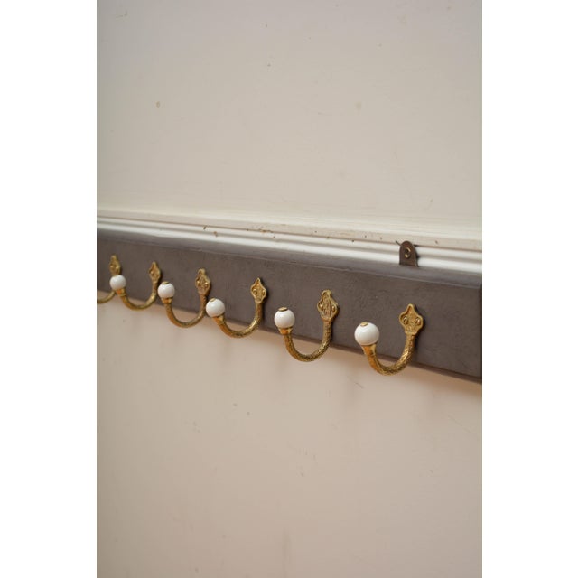 Late 19th Century Antique Victorian Coat Rack with Cast Brass and Ceramic Hooks, 1880 For Sale - Image 5 of 16