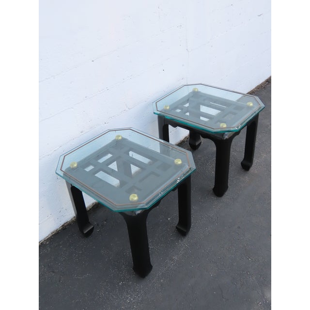 Hollywood Regency Black Painted Glass Top Side Tables a Pair 6901 For Sale - Image 15 of 18