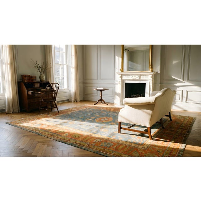Marvelous Sky Blue Ground Color Medallion/Crest Pattern AntiqueTurkish Oushak Rug For Sale - Image 13 of 15