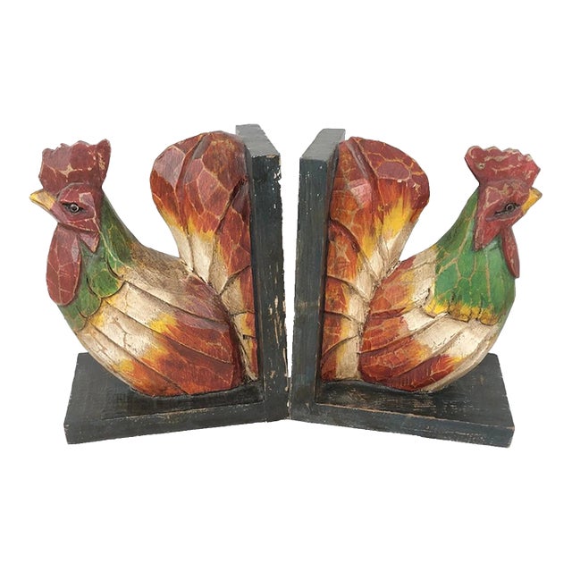 1990s Rooster Matching Bookends Folk Art Pair Hand Carved Wood Polychrome Decor 8" For Sale