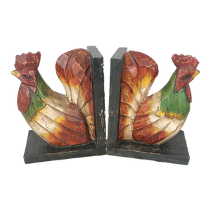 1990s Rooster Matching Bookends Folk Art Pair Hand Carved Wood Polychrome Decor 8"