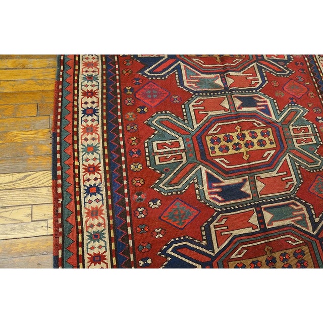 1930s Ruby Red Geometric Tribal Antique Caucasian Kazak Carpet 4' 8'' X 9' 6'' Knotted Wool Rug For Sale - Image 12 of 13