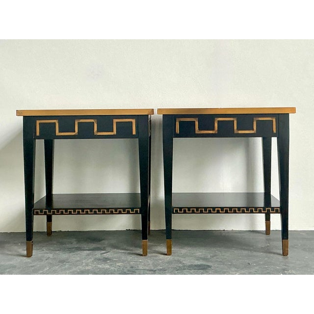 Art Deco Vintage Regency Greek Key Brass Trim Side Tables - A Pair For Sale - Image 3 of 11