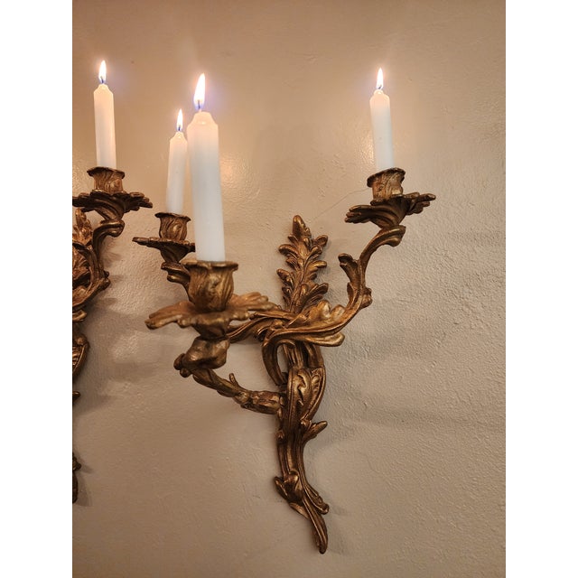 Rococo Antique Art Nouveau Pair Heavy Cast Gilt Brass 3 Light Wall Sconces With Aged Patina For Sale - Image 3 of 16