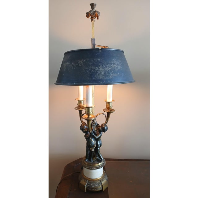 Antique solid brass, bronze, and marble figural French Bouilotte lamp. Very heavy. Late 19th Century. Shade has some heavy...