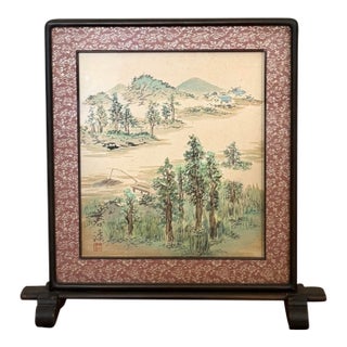 1960s Asian Hand-Painted Landscape Tabletop Screen | Traditional Oriental Desk Decor For Sale