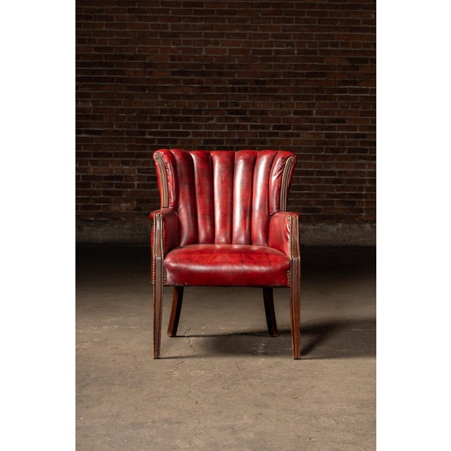 American Vintage Leather Channel-Back Armchair With Nailhead Trim in Red For Sale - Image 3 of 9