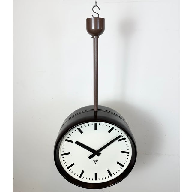 Glass Large Industrial Bakelite Double Sided Factory Clock from Pragotron, 1950s For Sale - Image 7 of 18