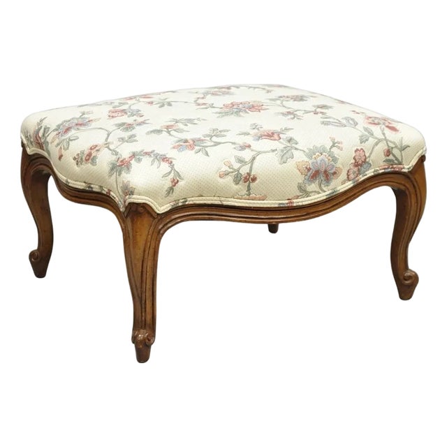 Vintage French Country Louis XV Carved Walnut Pink Floral Footstool Ottoman For Sale