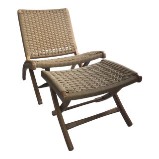 Vintage Mid-Century Hans Wegner Style Japanese Folding Rope Chair & Ottoman - 2 Pieces For Sale