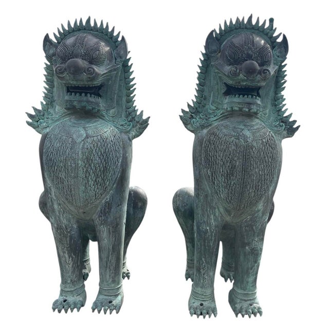 Verdigris 1990s Monumental Pair of Southeast Asian Verdigris Bronze Guardian Lion Statues For Sale - Image 8 of 12