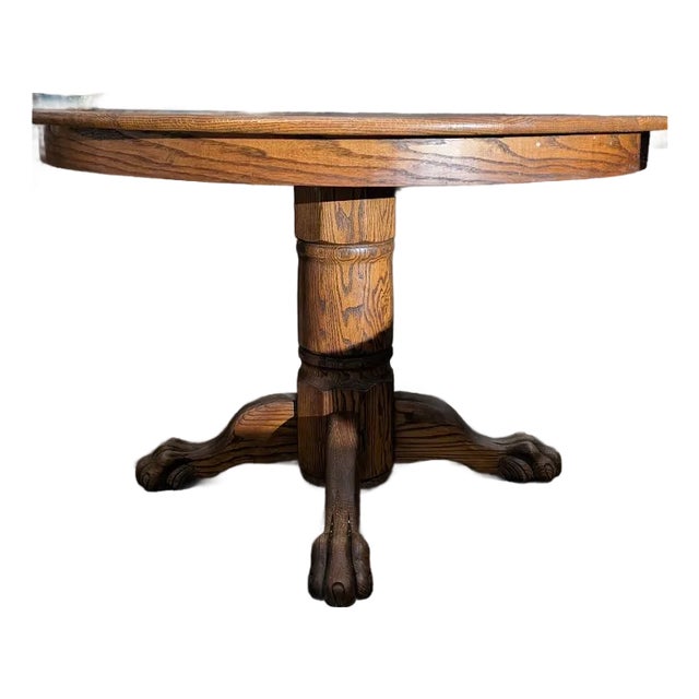 Vintage Oak Round Pedestal Dining Table With Claw Feet For Sale