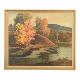 1990s Autumn Waterside Vista, Oil on Canvas For Sale