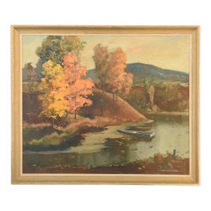 1990s Autumn Waterside Vista, Oil on Canvas
