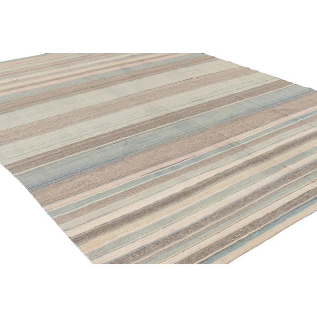 Modern Striped Kilim Handmade Wool Rug With Subtle Tones For Sale - Image 9 of 12