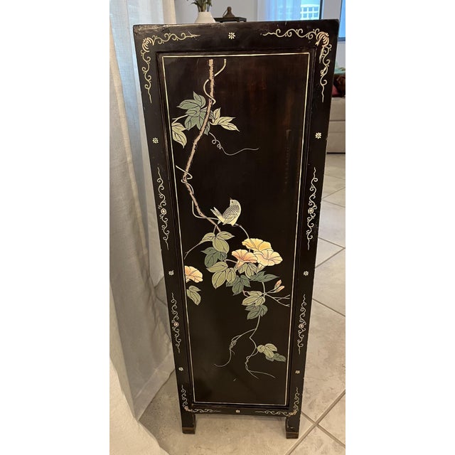 Wood Mid-Century Chinese Black Lacquer Cabinet With Mother of Pearl Inlays For Sale - Image 7 of 17