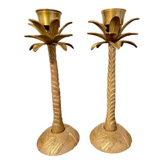 Vintage Heavy Brass Palm Tree Candle Holders- a Pair For Sale