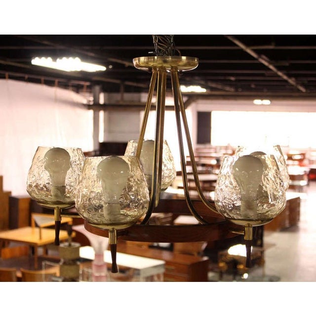 Brass & Walnut Danish Modern Five-Light Champagne Glass Shades Chandelier For Sale - Image 9 of 10