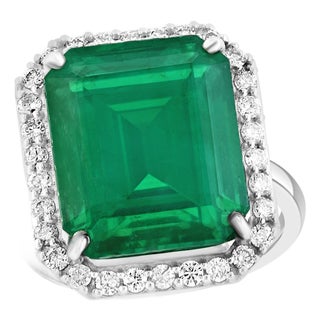 Natural 13 Carat Emerald Cut Zambian Emerald & Diamond Ring in 14kt White Gold For Sale
