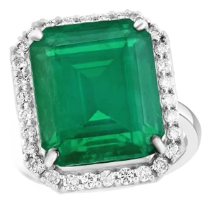 Natural 13 Carat Emerald Cut Zambian Emerald & Diamond Ring in 14kt White Gold