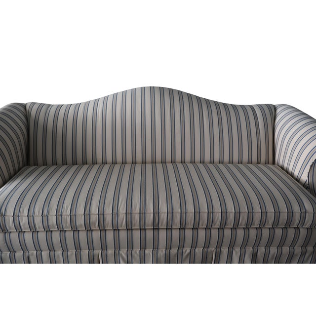 Ivory Ethan Allen Custom Camelback Sofa in Dimensional Woven Blue & Ivory Stripe For Sale - Image 8 of 18