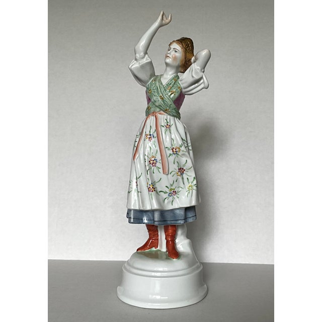 Herend Herend Hand-Painted Porcelain Hungarian Female Dancer Figurine With Floral Dress & Gold Headdress For Sale - Image 4 of 7
