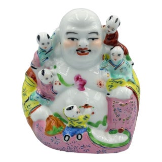 1920s Chinese Buddha Famille Rose Porcelain Hotei Laughing Buddha W/ 5 Children For Sale