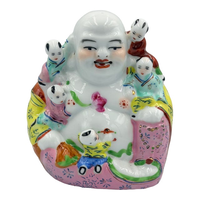 1920s Chinese Buddha Famille Rose Porcelain Hotei Laughing Buddha W/ 5 Children For Sale