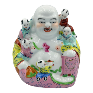 1920s Chinese Buddha Famille Rose Porcelain Hotei Laughing Buddha W/ 5 Children