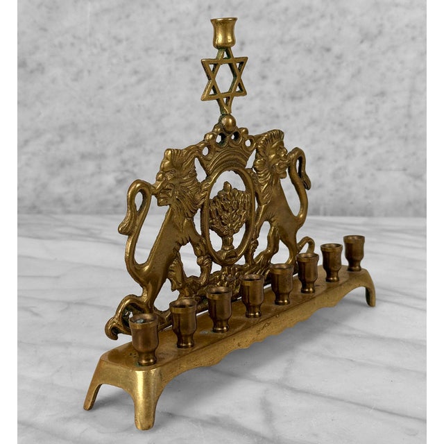 Share Vintage Traditional Brass Lions of Judah Hanukkah Menorah For Sale - Image 4 of 8