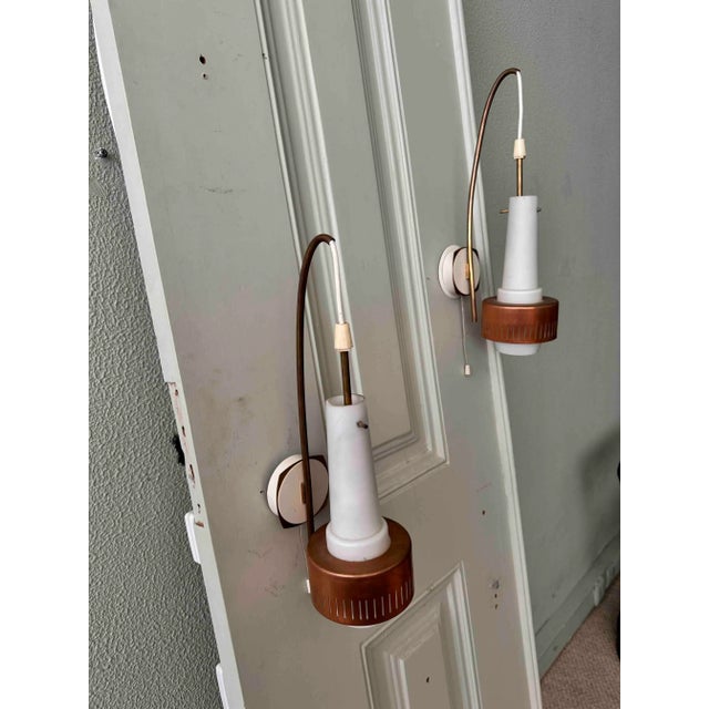 Mid-Century Modern Mid-Century Modern Scandinavian Sconces in Brass and Opaline Glass, 1950s, Set of 2 For Sale - Image 3 of 10